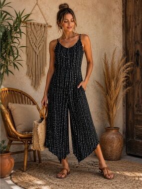Hem & Thread Black Boho Sleeveless Jumpsuit with White Arrows Size Small